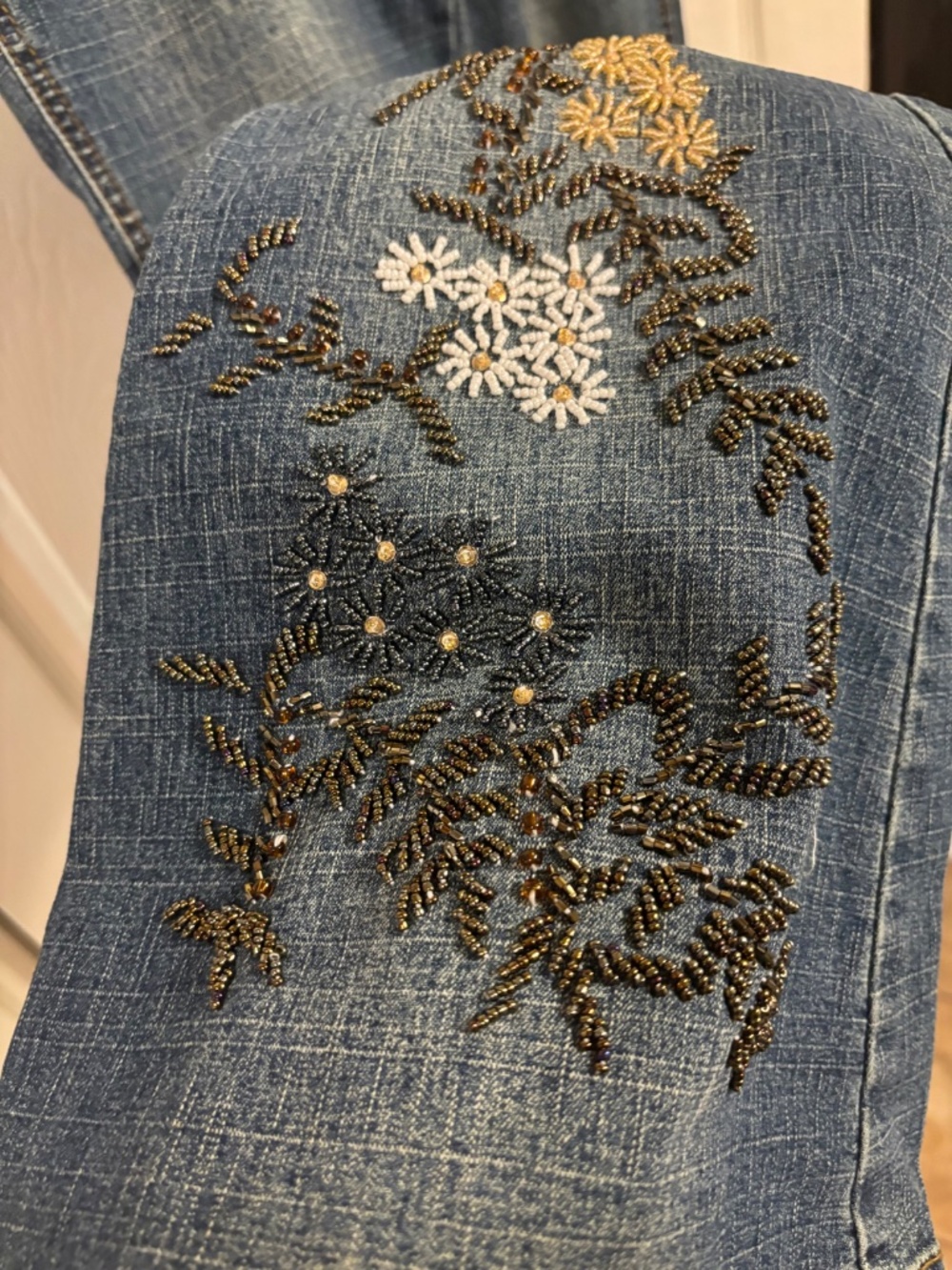 Denim Bell Bottom Floral Beaded -L - Picture 4 of 9